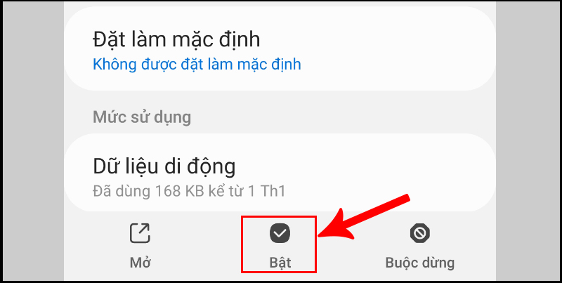 Chọn Bật để bật lại ứng dụng